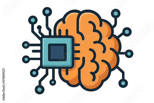 Artificial intelligence AI icon. Brain with computer chip processor. Machine learning, neural network technology. Future robotics, bionic mind, data processing cartoon vector.