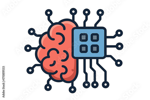 AI concept icon. Brain connected to computer microchip processor. Artificial intelligence, machine learning, deep learning. Neural network, cyborg tech, smart data symbol vector.