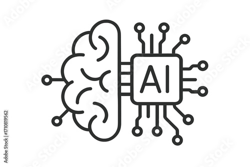Artificial intelligence AI icon. Brain connected to computer chip processor. Machine learning, neural network, digital mind concept. Future of technology vector symbol.