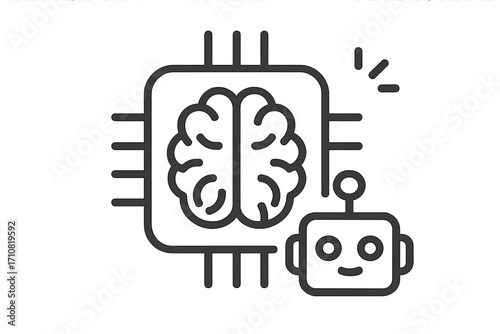 Artificial intelligence icon concept. AI brain in computer chip. Machine learning, neural network technology. Robot, chatbot pictogram. Future tech linear vector symbol.