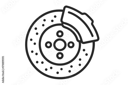 Brake disc and caliper icon. Automobile brake rotor symbol. Car part linear style. Vector cartoon illustration. Vehicle safety system concept. Mechanic service sign transport.