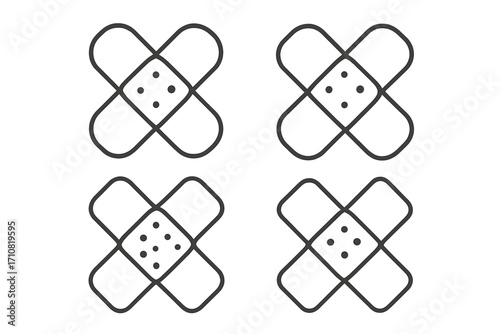Set of crossed adhesive bandage icons. Medical plaster symbol for first aid and wound care. Vector illustration of a patch for injury and health protection. Simple line art design.