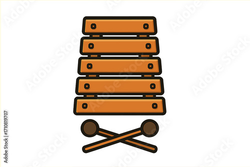 Xylophone icon. Wooden musical instrument symbol. Percussion instrument for kids. Vector cartoon illustration isolated. Music education, sound, melody, rhythm concept.