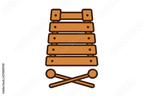 Xylophone vector icon. Wooden toy musical instrument with mallets. Cartoon illustration for kids music education. Percussion glockenspiel symbol for sound and rhythm.