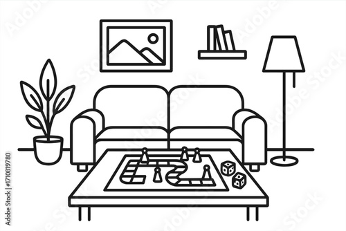 Cozy living room with board game on coffee table. Home interior in minimalist outline style. Vector illustration for family fun, leisure, hobby, and game night concept.