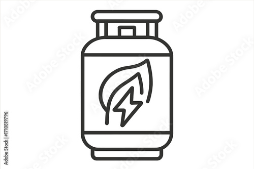 Gas cylinder icon with flame and lightning bolt symbol. Propane tank for fuel and power. Concept for natural gas, combustible energy, flammable liquid, and biofuel. Linear vector.