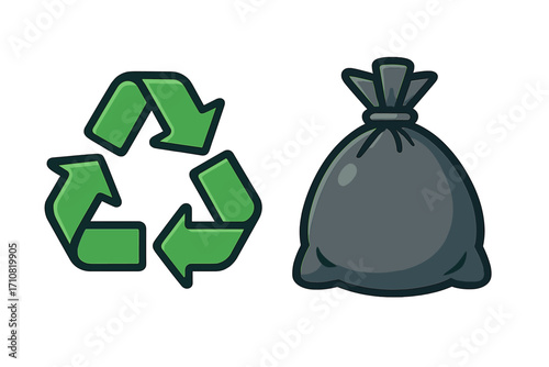 Recycle symbol and trash bag icon set. Waste sorting and management concept. Ecology and environment protection. Green reuse reduce recycle logo vs garbage disposal vector.