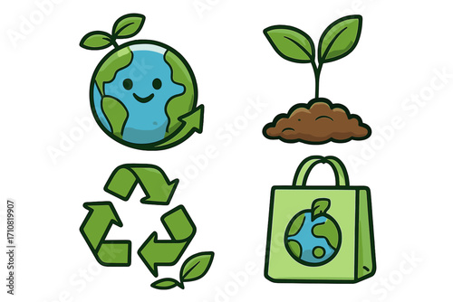 Earth Day vector icon set with ecology and environment symbols. Cartoon illustration of a happy planet, recycling logo, green sprout, and an eco-friendly shopping bag for a sustainable lifestyle.