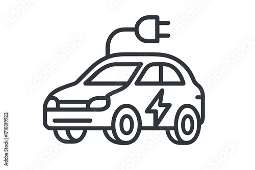 Electric car charging icon. EV line art vector. Eco friendly vehicle with plug symbol. Sustainable transport concept for green energy, battery power and e-mobility pictogram.