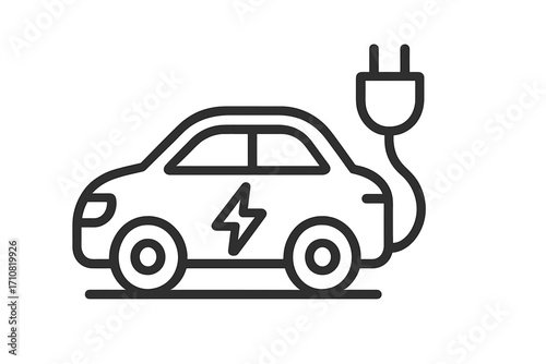 Electric car charging icon. EV automobile with plug and power cable. Vector line art symbol for eco-friendly transport. Green energy vehicle and battery charge station concept.