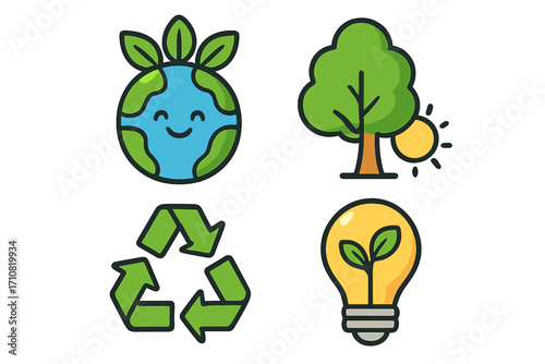 Earth day icon set. Environment and ecology symbols. Vector cartoon illustration of happy planet, recycle sign, green energy lightbulb, and tree. Sustainability concept.