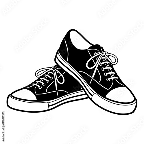 Stylized Black and White Sneakers with Tied Laces and Rubber Soles Illustration