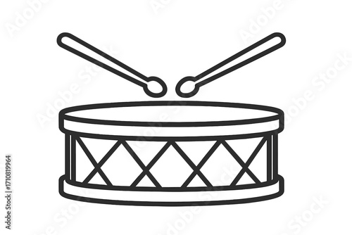 Drum and drumsticks line icon. Simple vector illustration for music, rhythm, and beat concepts. Percussion musical instrument for band, parade, or sound design. Clean outline logo.