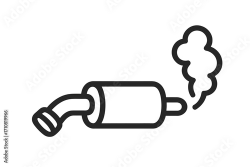Car exhaust pipe icon with smoke. Linear vector illustration. Auto emissions, pollution, and climate change concept. CO2 fumes from muffler. Automobile service symbol.