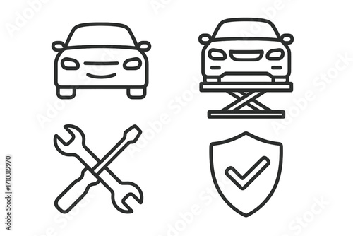 Car service and auto repair line icon set. Vehicle maintenance, diagnostics on a lift, and workshop tools. Automobile insurance, warranty, and protection symbol. Vector.