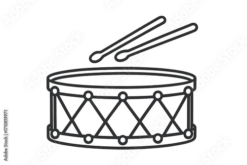 Snare drum with drumsticks line icon. Musical instrument for rhythm and beat. Percussion symbol for band, rock concert, or parade music. Drummer equipment vector illustration.