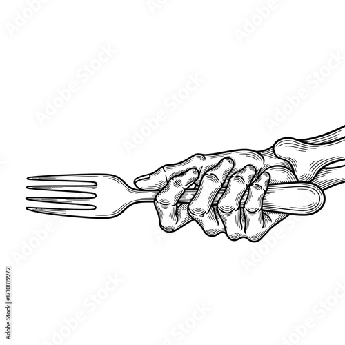 Skeletal Hand Holding a Fork Anatomical Art with Utensil Grip