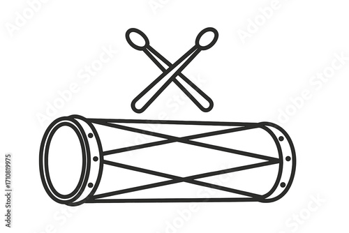Dhol drum with sticks icon. Traditional Indian Punjabi music instrument for Bhangra dance festival. Percussion sound symbol. Folk celebration vector line art illustration.