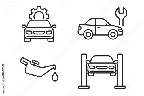 Car service and auto repair line icon set. Vehicle maintenance, garage workshop symbol collection. Mechanic diagnostics, oil change, car on lift inspection. Automobile pictogram.