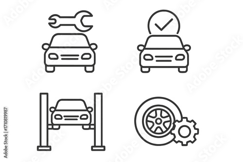 Car service icon set. Auto repair, maintenance. Vehicle on lift. Garage, workshop symbol. Tire change, wheel balancing. Inspection, checkup. Mechanic outline pictogram.