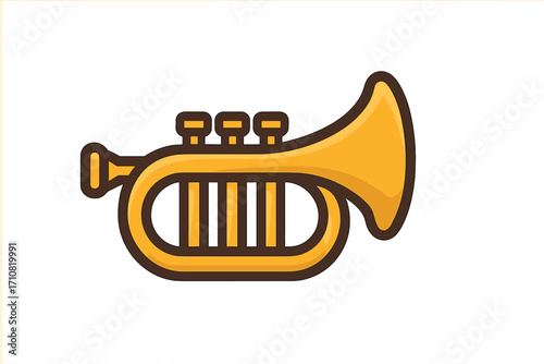 Tuba icon vector illustration. Brass wind instrument for orchestra or marching band. Golden trumpet cartoon symbol. Classical music, jazz, fanfare, and sound concept logo.
