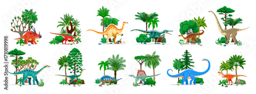 Prehistoric dinosaurs characters, Jurassic era jungles, cartoon vector set. Dinosaur species for dino park museum, kids paleontology atlas or encyclopedia of prehistoric lizards
