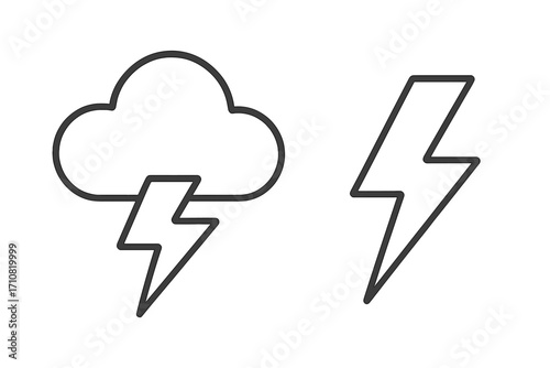 Thunderstorm icon set. Lightning bolt and storm cloud symbol. Simple linear vector illustration for weather forecast or electricity power energy concept. Clean outline design.
