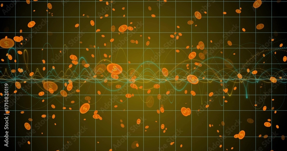 Obraz premium Floating orange tokens with dollar symbols, cyan, yellow waveforms drifting across olive green grid