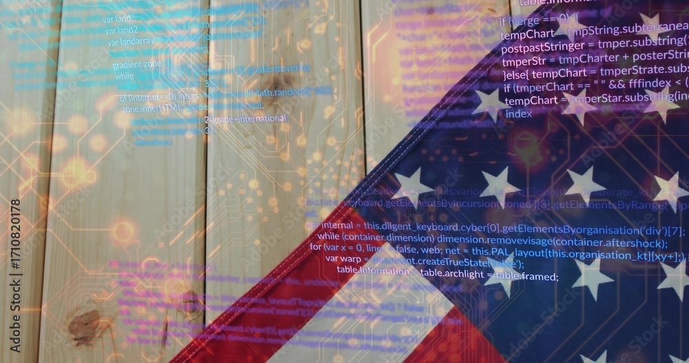 Fototapeta premium Displaying US flag panel overlying wooden planks, with circuit board pattern and code snippets