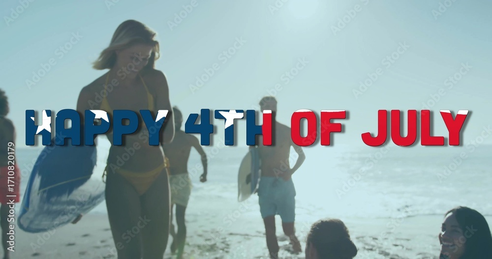 Naklejka premium Laughing friends in swimwear carrying blue bodyboard and surfboard walking at beach, copy space