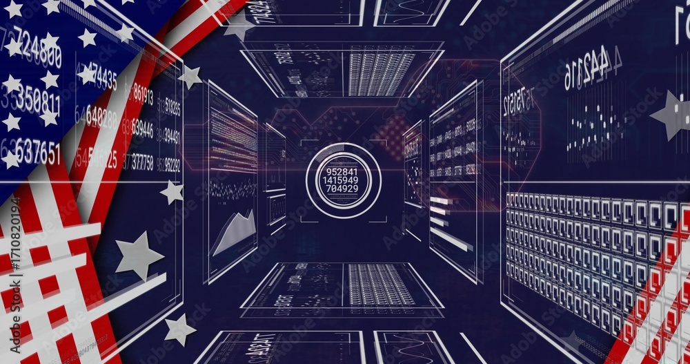 Obraz premium Showcasing data streaming charts and round display in virtual tunnel with panels and stars stripes