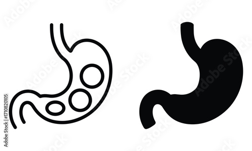 Black silhouette and outline illustration of a human stomach with internal circles on white background