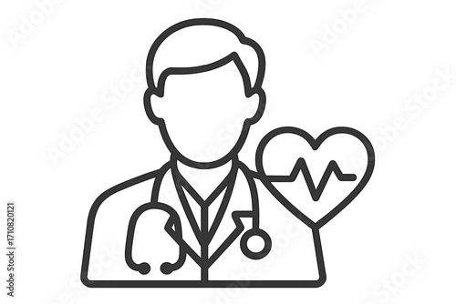 Doctor icon with stethoscope and heart cardiogram. Medical professional, physician symbol for healthcare services. Cardiology, health, and wellness concept vector illustration.