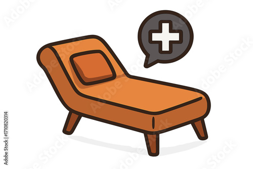 Psychotherapy concept with psychiatrist couch. Psychoanalysis and mental health care. Psychology, counseling illustration. Medical help for mind, stress, and depression.