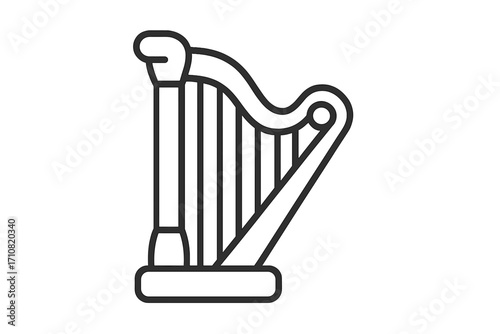 Harp line icon vector symbol. Classical music instrument pictogram. Stringed musical instrument for orchestra concert. Symbol of Ireland, lyric poetry, melody, harmony and heaven.