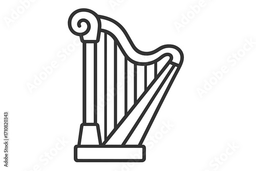 Harp line icon. Ancient musical string instrument for orchestra concert. Symbol of classical music, Ireland, and melody. Simple vector logo for folk or heaven concept.