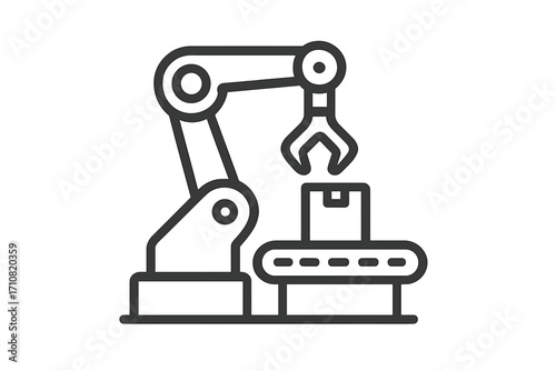Robotic arm icon. Automated manipulator on factory conveyor belt. Concept for industrial automation technology, production line, manufacturing, assembly, packaging process.