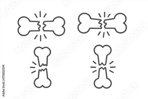 Broken bone icon set. Bone fracture linear icons. Skeletal injury, trauma, and osteoporosis concept. Simple vector illustration for medical, health and orthopedic design.