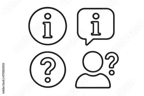 FAQ and help desk line icon set. Vector information symbol, question mark, and user query signs. Customer service, support, guidance, and problem solving concept illustration.
