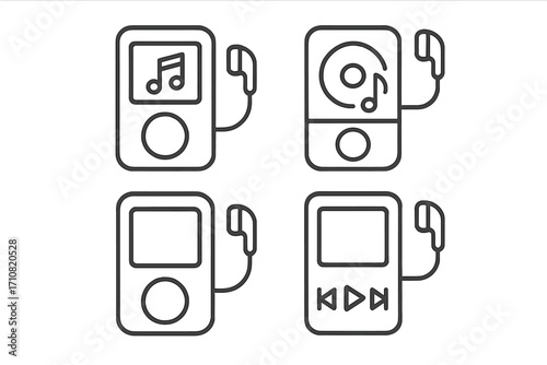 Music player icon set. MP3 player linear symbols. Vector illustration of a portable audio device with headphones. Retro gadget for listening to songs and playlists.