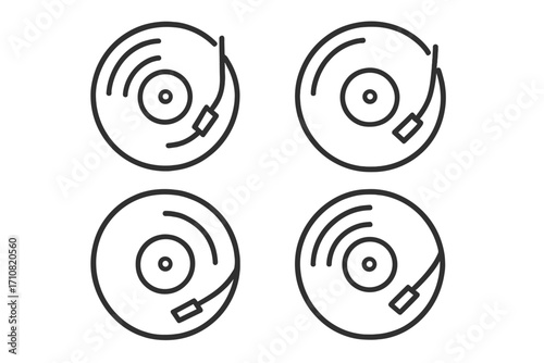 Turntable vinyl record player icon set. Linear style vector illustration. Retro music concept for disc jockey, lp album, audio sound. Vintage gramophone symbol collection.