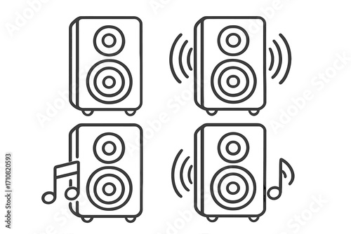 Music speaker icon set. Linear vector illustration. Audio sound system equipment. Loudspeaker, subwoofer, woofer symbols for party, concert, multimedia, and web design.