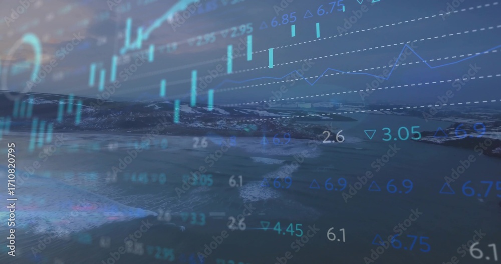 Fototapeta premium Overlaying blue green candlestick bars highlighting coastal bay, with jagged line graph indicators