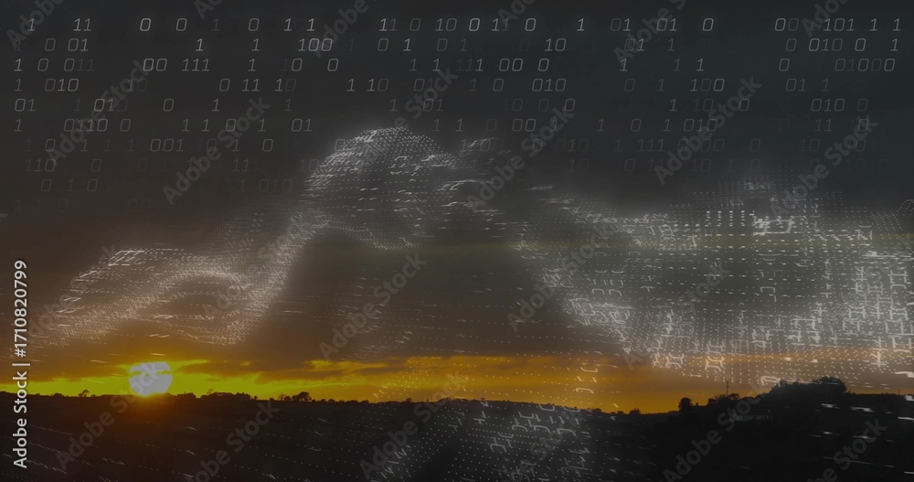 Obraz premium Streaming binary code wave forming data overlay across rural dusk sky, with sun glow over hills