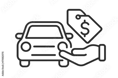 Car sale icon. Buying, selling or renting an automobile concept. Hand holding a vehicle with a price tag. Auto loan, car leasing, trade-in value, insurance symbol.