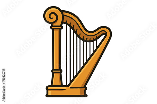 Harp icon vector illustration. Golden classical musical instrument symbol. Elegant string instrument for orchestra, symphony, and concerts. Concept of melody, harmony, angelic music, and heaven.