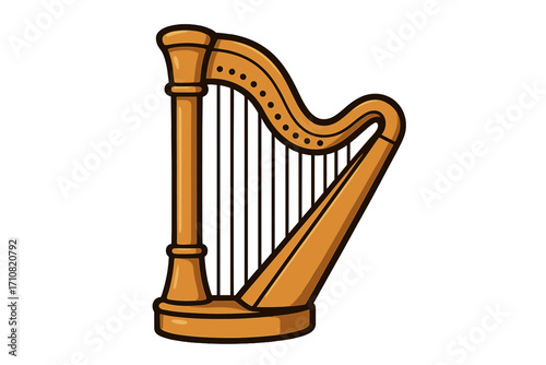 Harp music instrument icon. Golden classical string instrument. Vector cartoon illustration. Lyre symbol. Orchestra, symphony, concert. Angelic, heavenly melody and harmony.