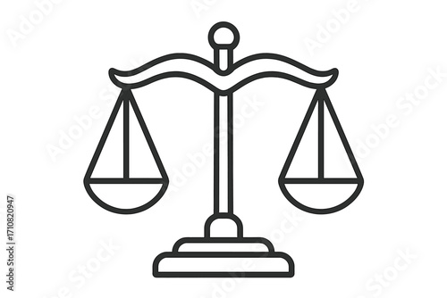 Scales of justice icon, symbol of law and legal judgment. Vector line art illustration of balance, equality, and fairness. Court, lawyer, and judge emblem. Libra sign concept.