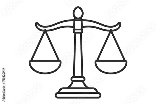 Scales of justice linear icon. Law and legal symbol. Balance, weight, and equality concept. Court, lawyer, and judiciary pictogram. Metaphor for fairness, truth, verdict, and judgment.
