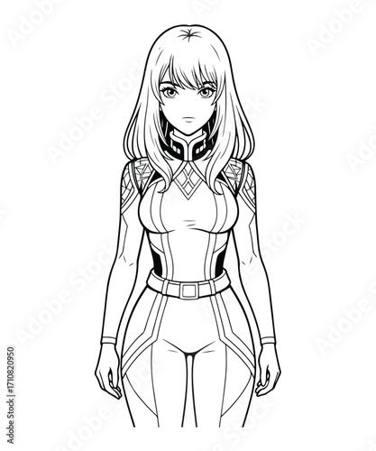 Anime Female Character Line Art Illustration in Futuristic Outfit.